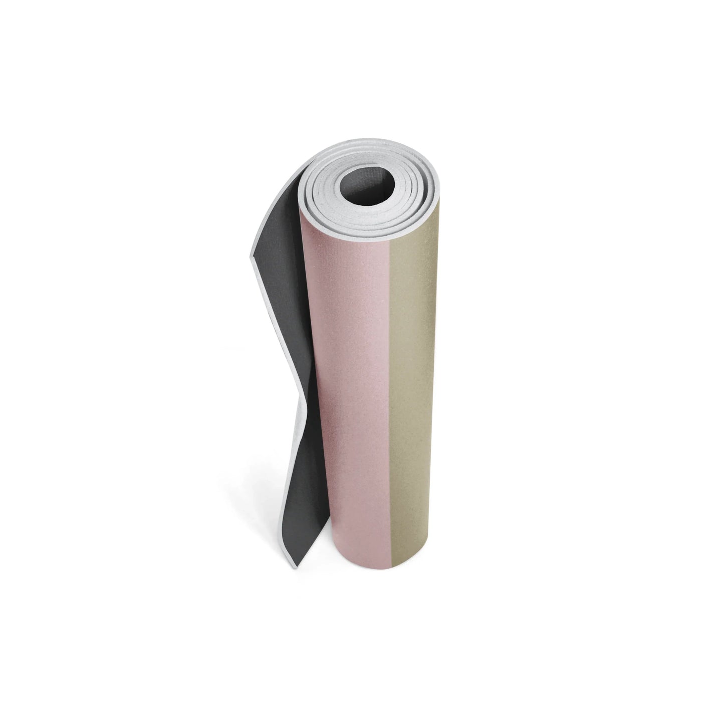 Roll of pink and beige fabric on a white background