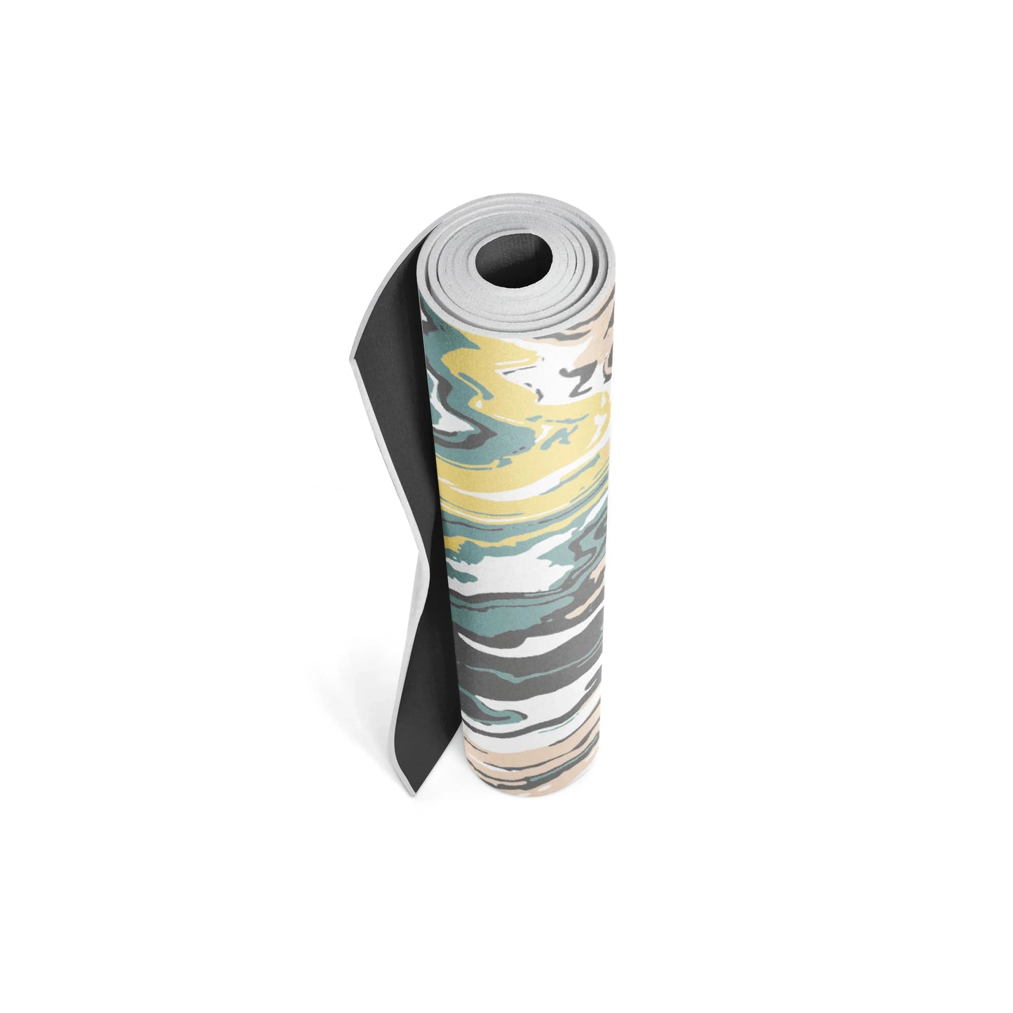 Rolled-up yoga mat with camouflage pattern on a white background