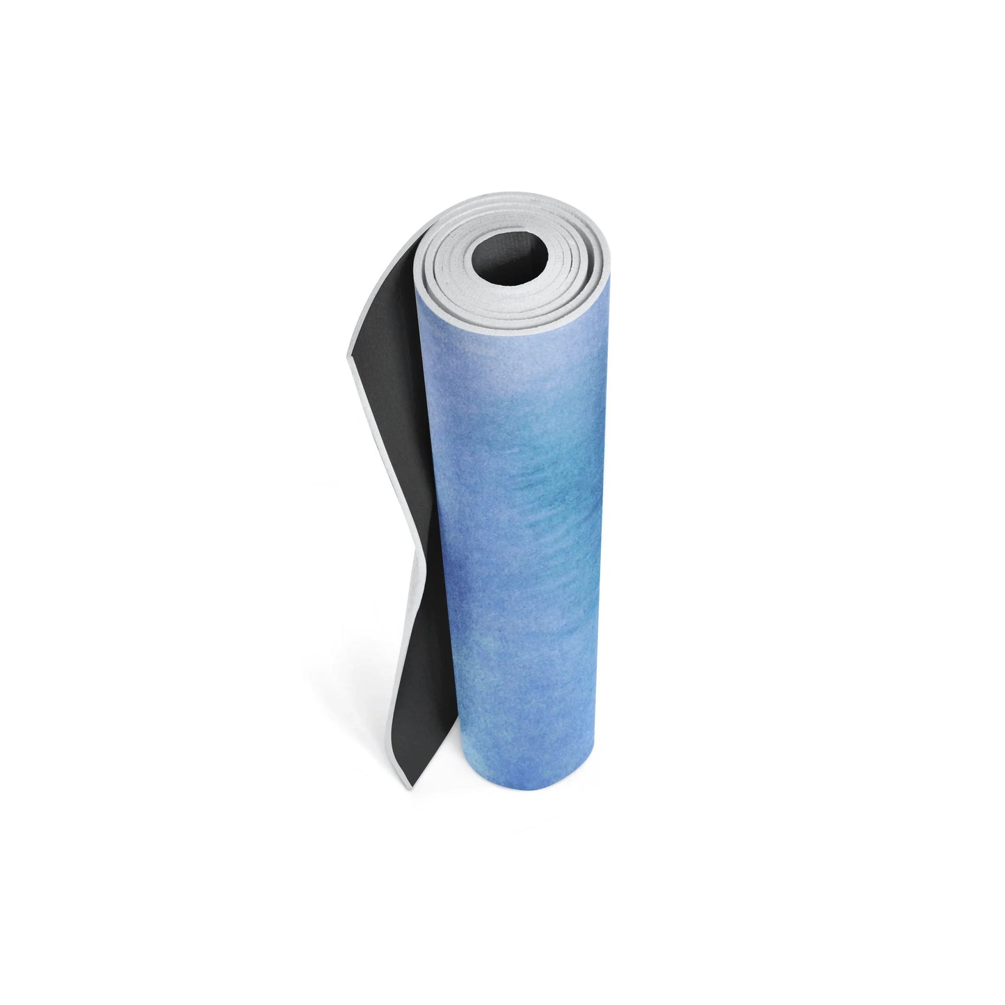 Roll of blue and black yoga mat on a white background