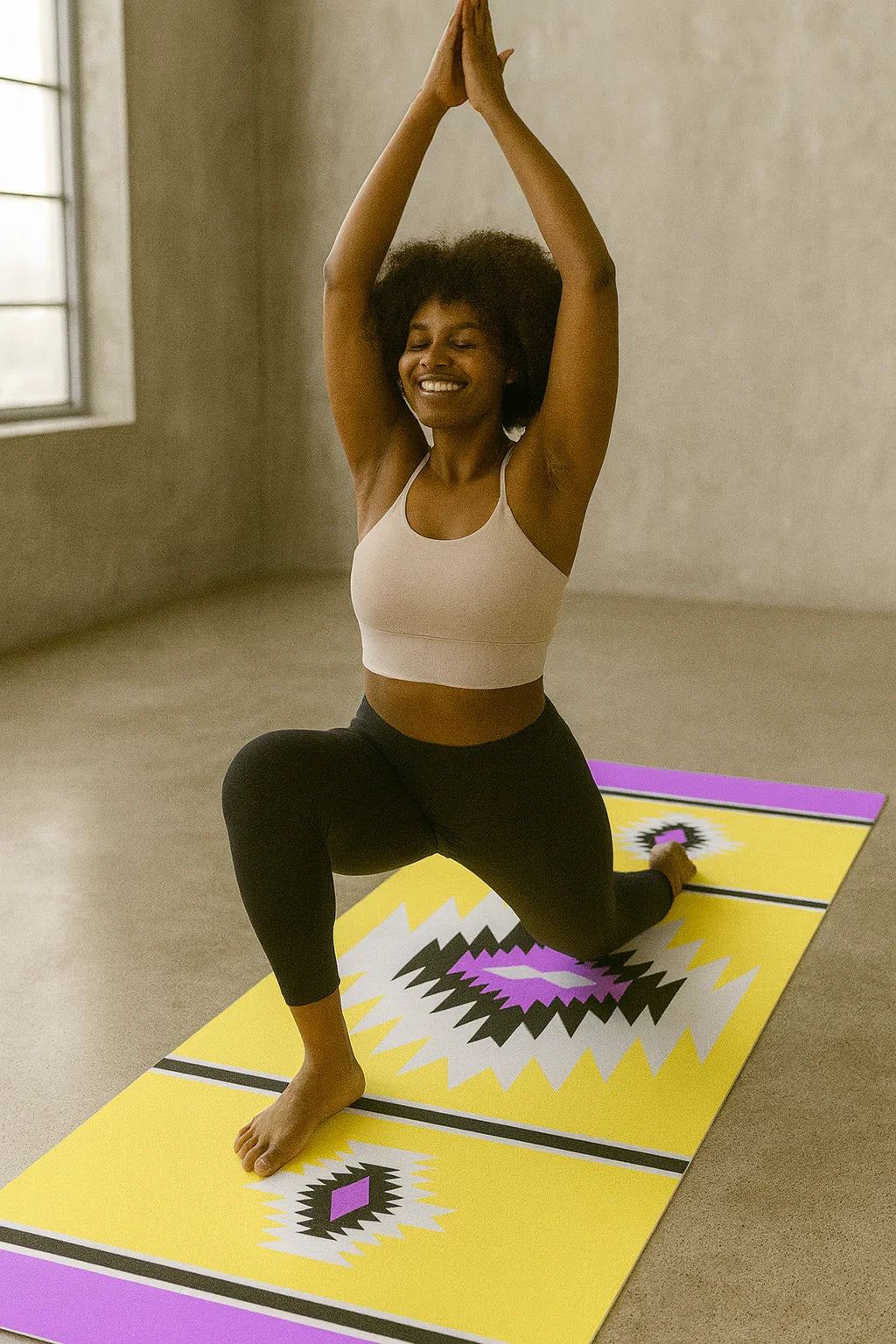 Woman practicing yoga on a colorful mat in a room with a window.