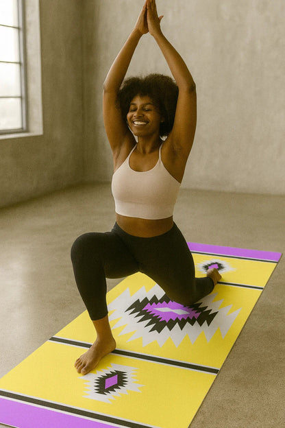 Woman practicing yoga on a colorful mat in a room with a window.
