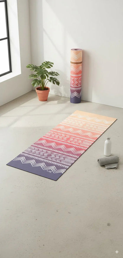 Gradient yoga mat with patterns on a light wooden floor.