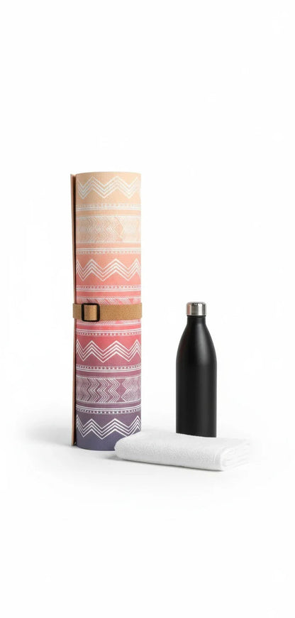 Black water bottle with colorful packaging on a white background