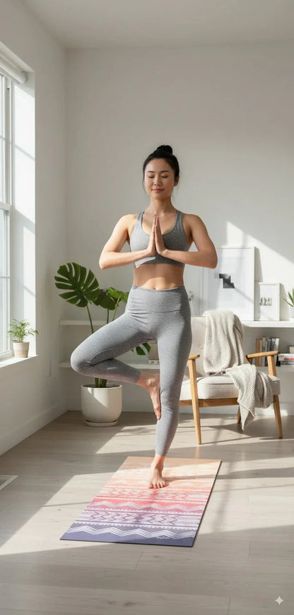 Woman practicing yoga in a bright, minimalistic room with large windows.