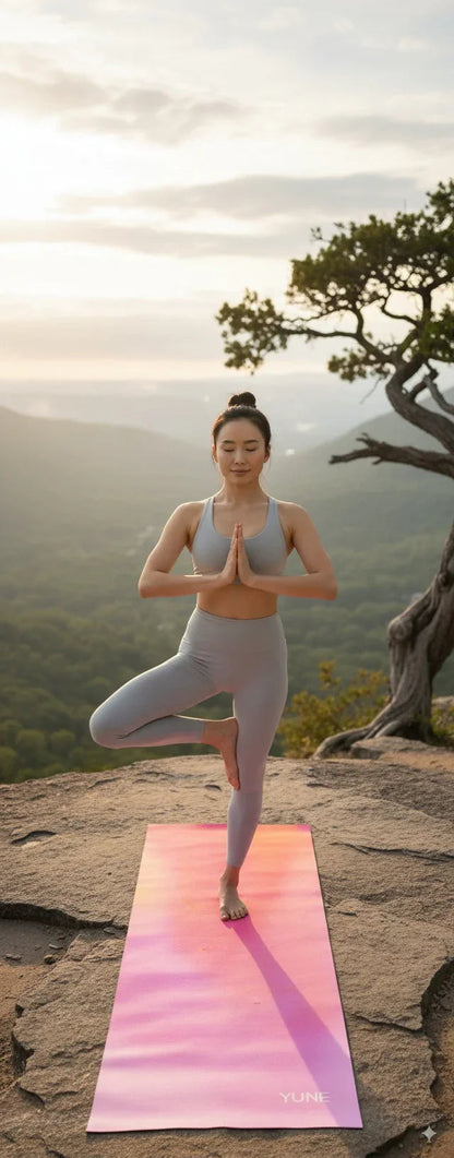 Woman practicing yoga on a pink mat with a scenic background