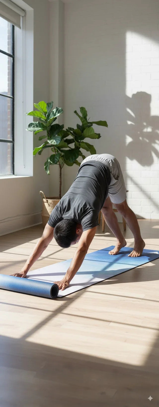 Two people preparing for yoga on a wooden floor with a plant in the background