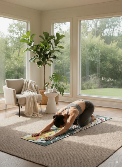 Woman practicing yoga in a bright room with large windows and plants.