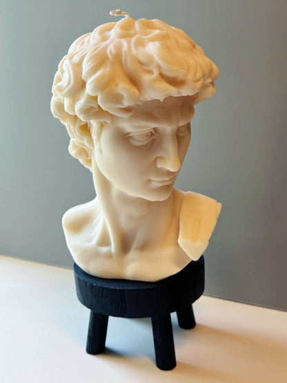 Large David Head Sculptural Candle, 11-inch wax bust inspired by Michelangelo’s masterpiece, perfect for modern decor.
