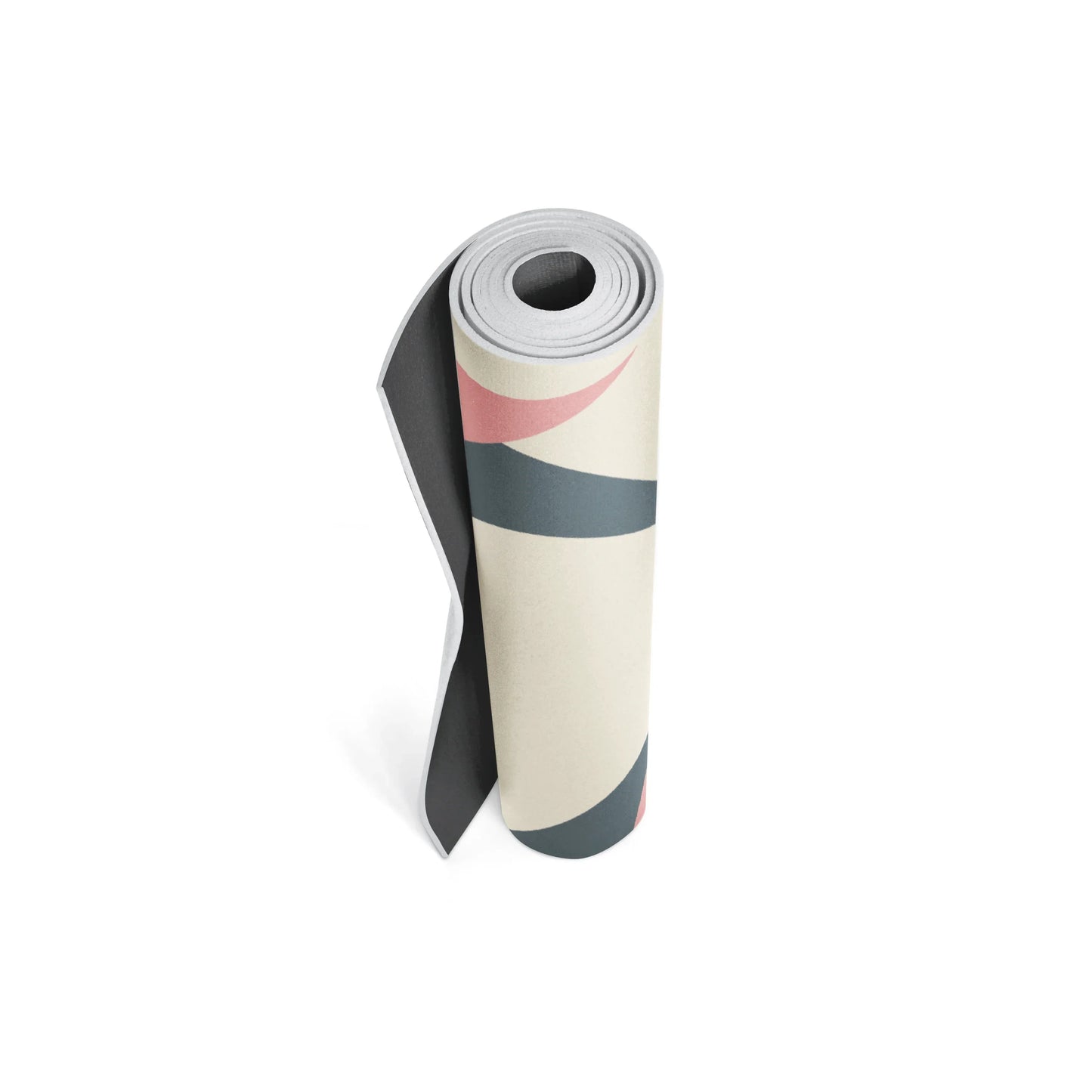 Rolled-up yoga mat with colorful design on a white background