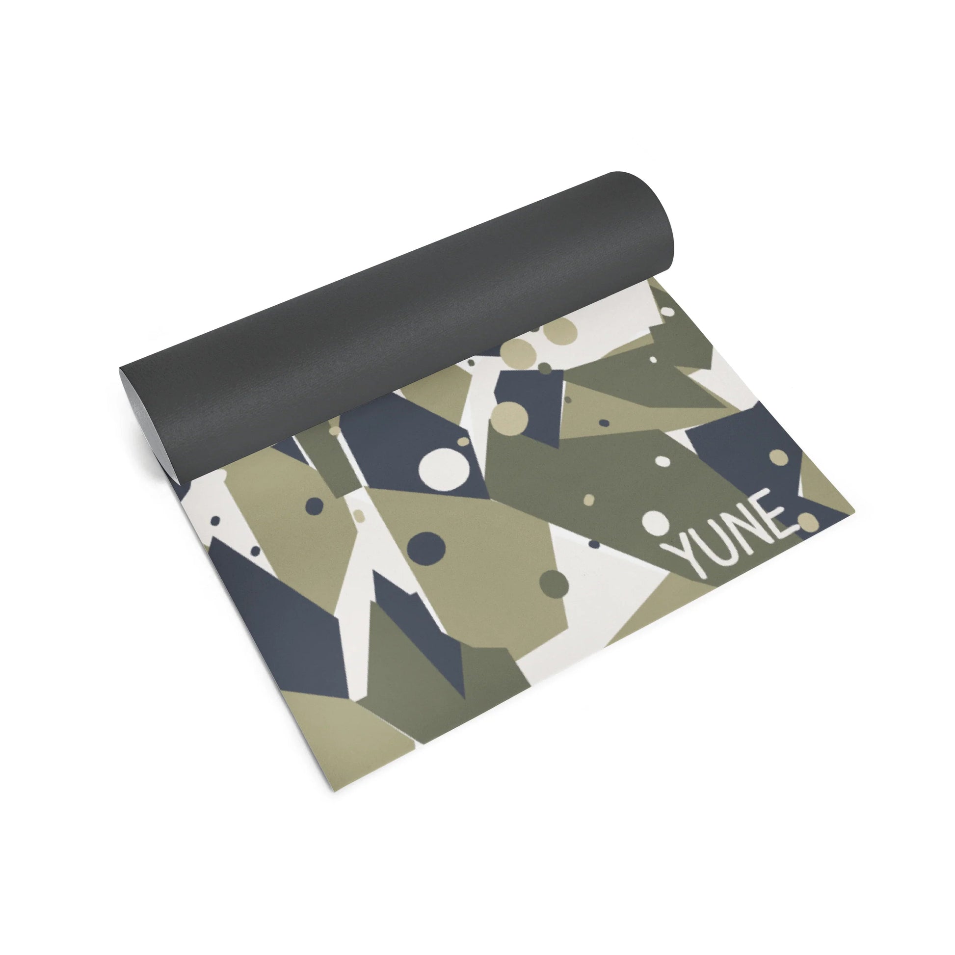 Yoga mat with geometric pattern and 'YUNE' branding on a white background