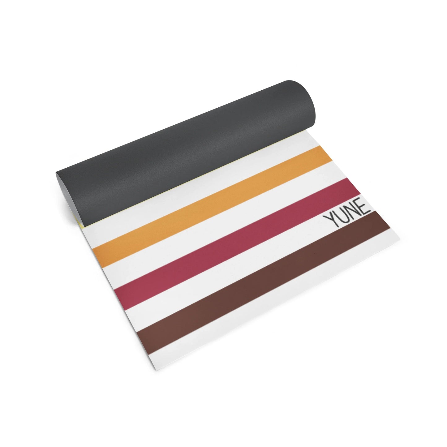 Yoga mat with striped pattern and 'Yune' branding on a white background
