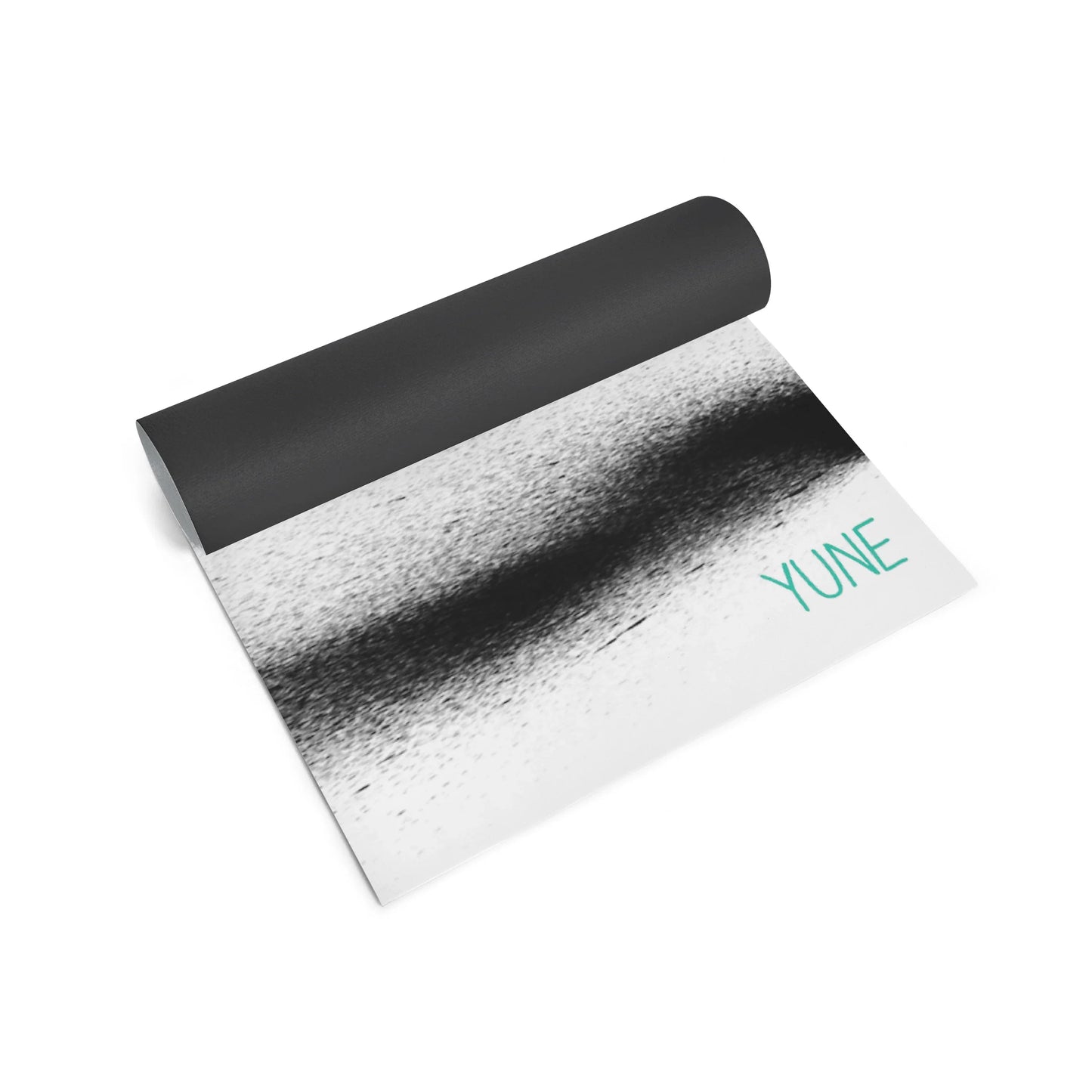 Yoga mat with black top and gradient design on a white background, featuring the brand 'YUNE'.