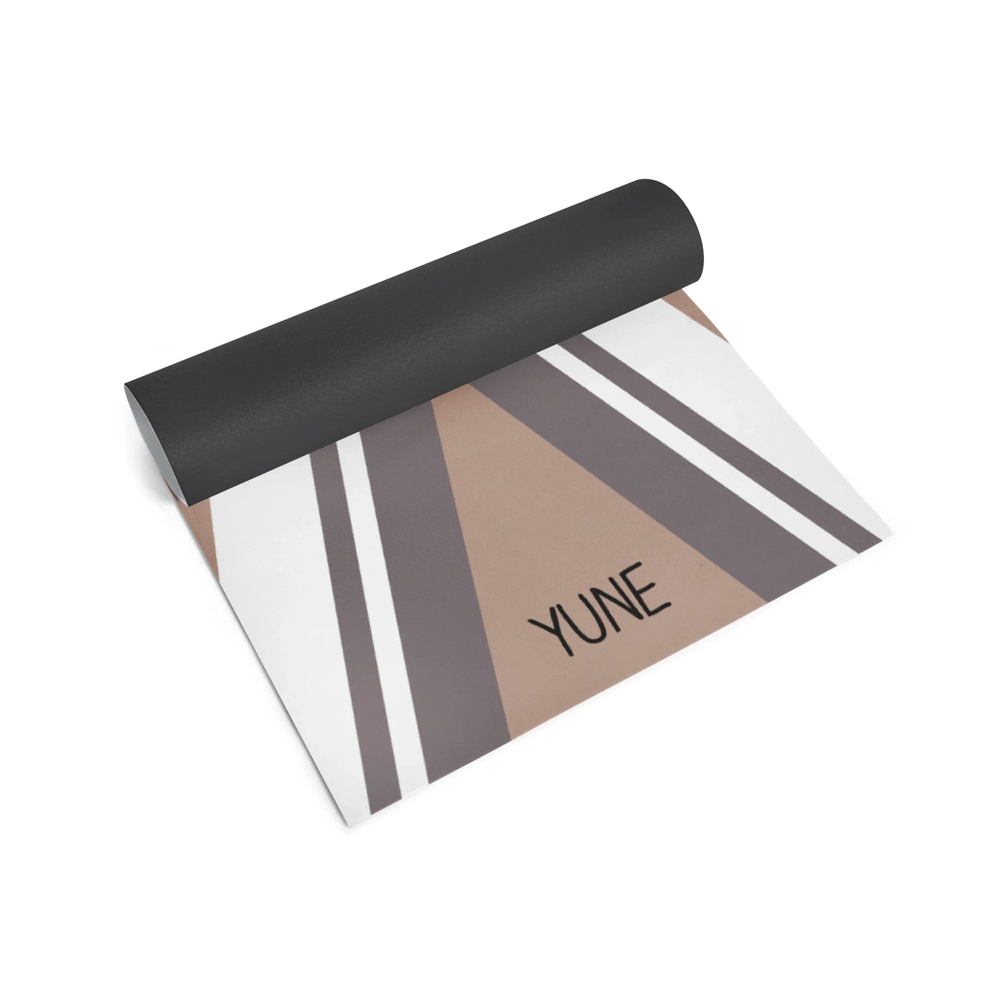 Yoga mat with striped design and 'YUNE' branding on a white background