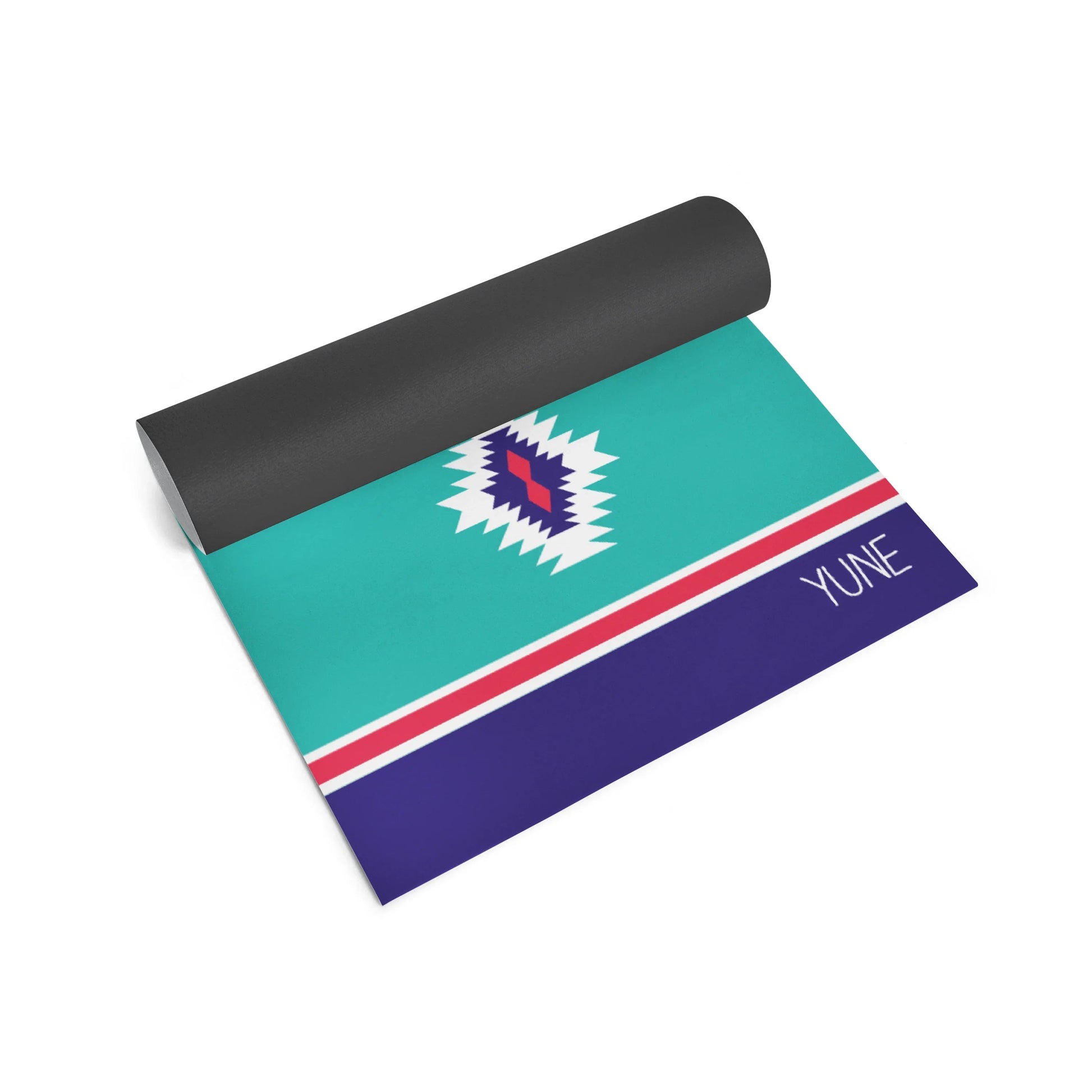 Yoga mat with a colorful design and 'YUNE' branding on a white background