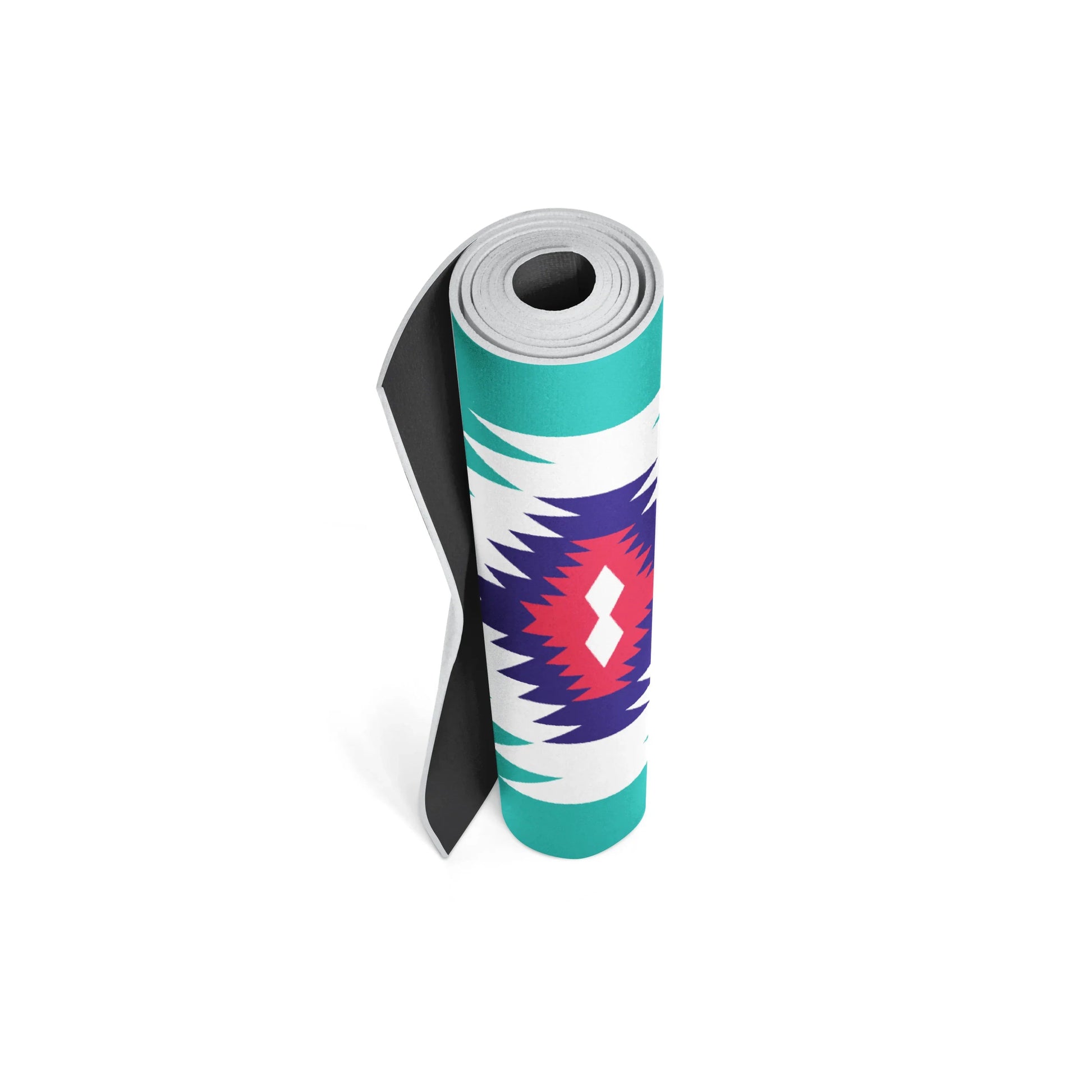 Rolled-up yoga mat with a colorful design on a white background