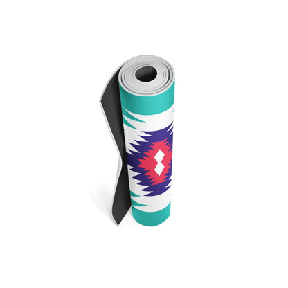 Rolled-up yoga mat with a colorful design on a white background