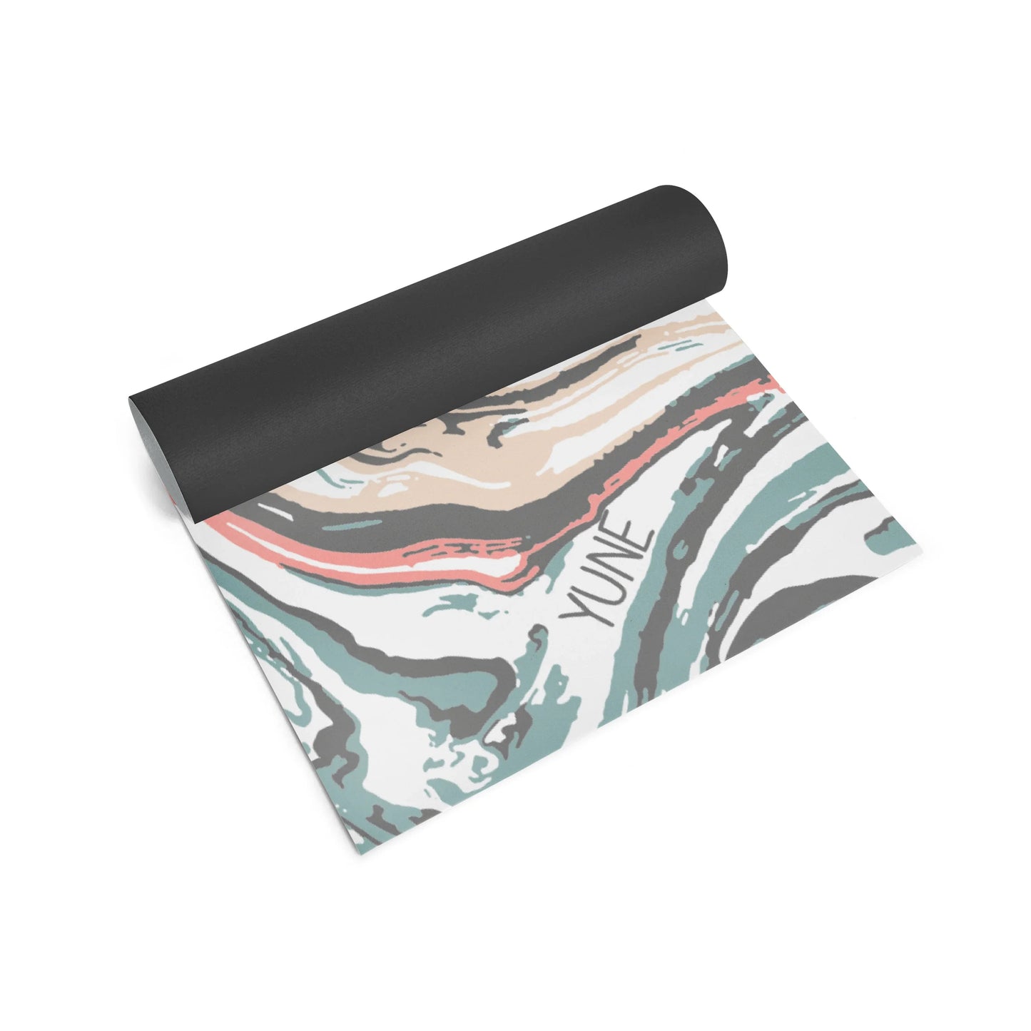 Yoga mat with a colorful abstract pattern on a white background