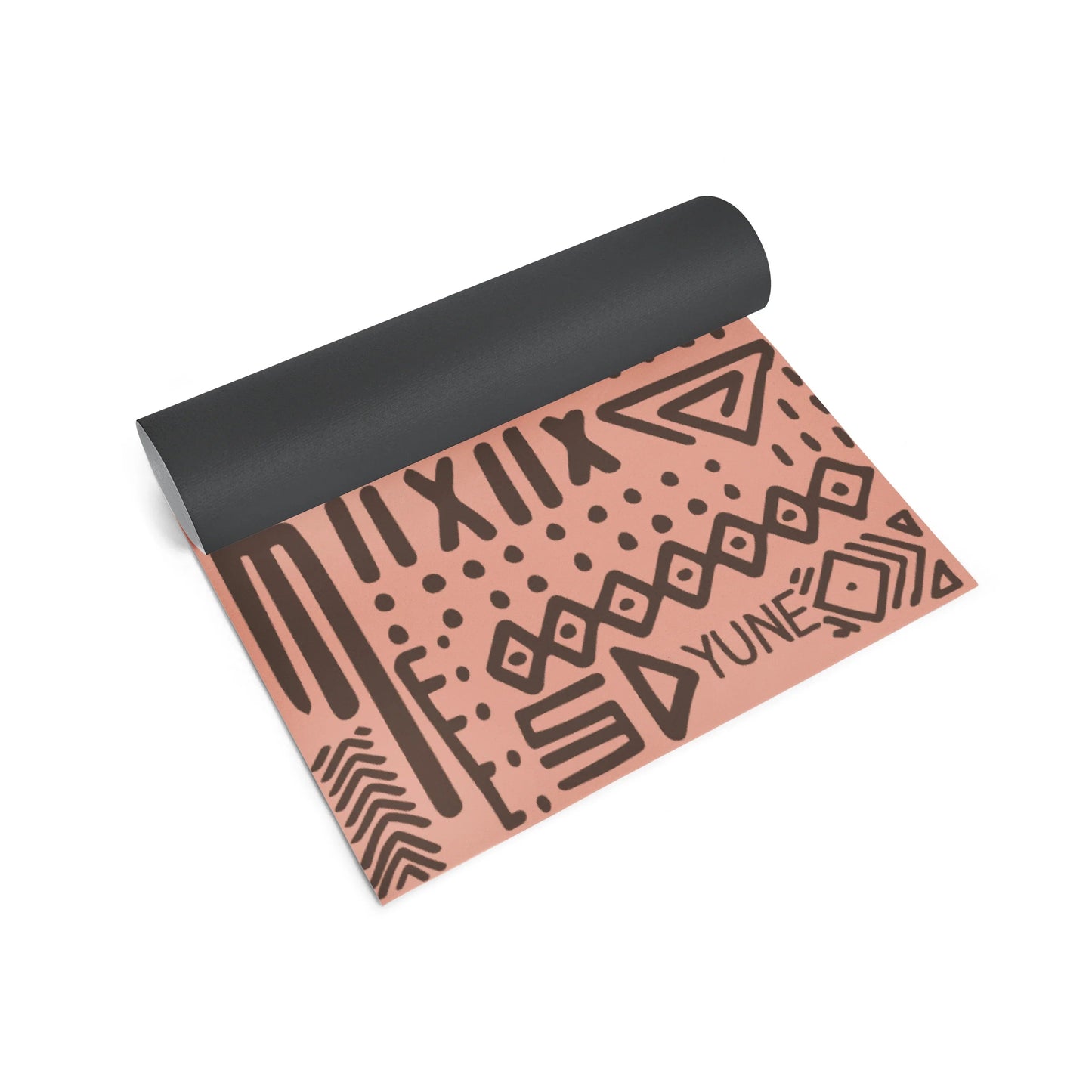 Yoga mat with geometric pattern and 'Yune' branding on a white background