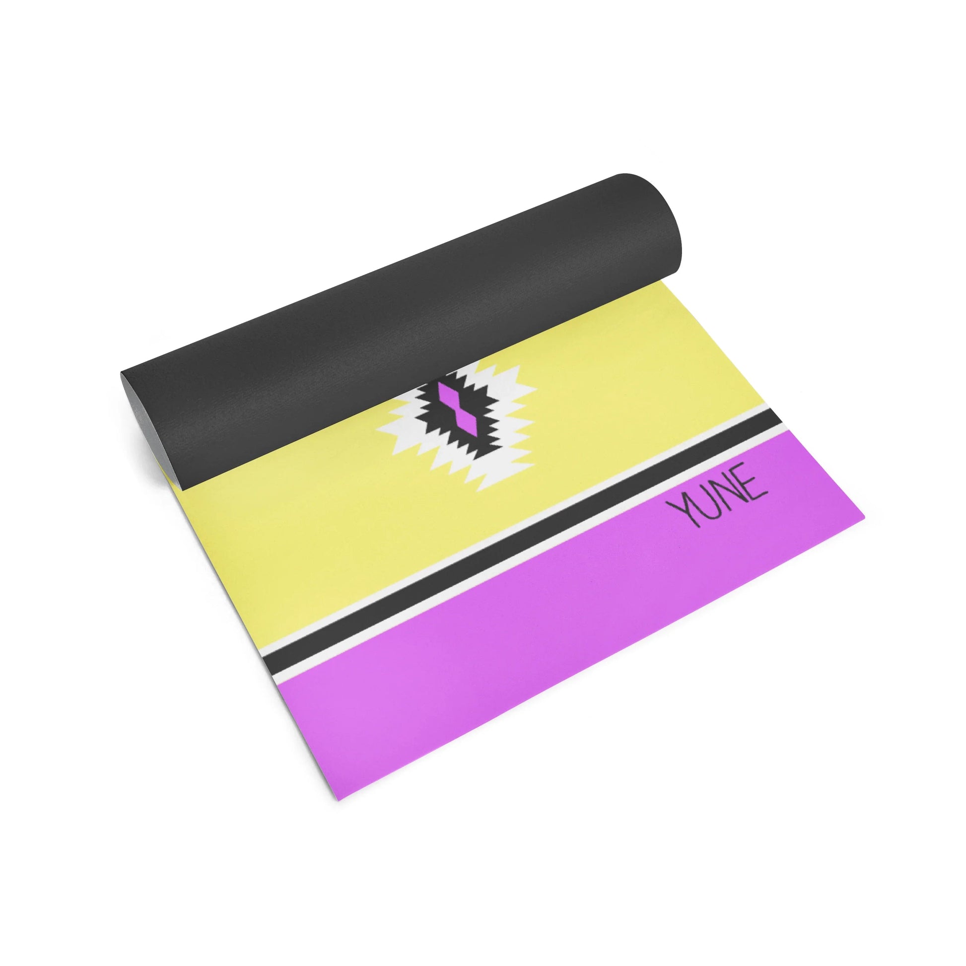 Yoga mat with black, yellow, and purple design on a white background