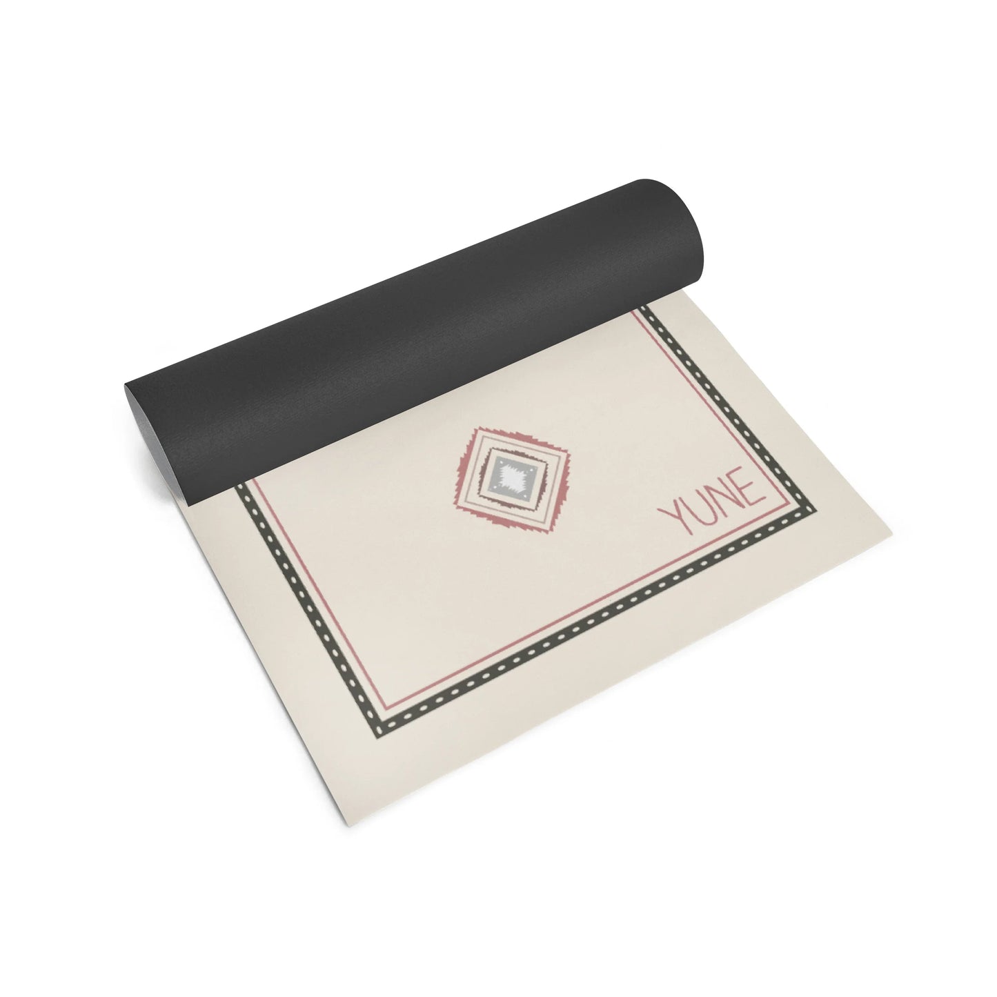 Yoga mat with a branded design on a white background