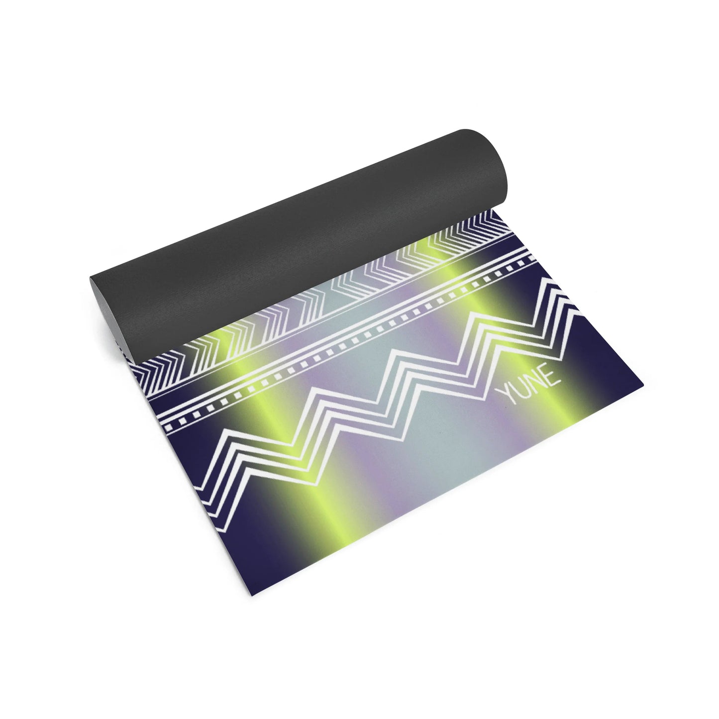Yoga mat with geometric pattern and 'Yume' branding on a white background