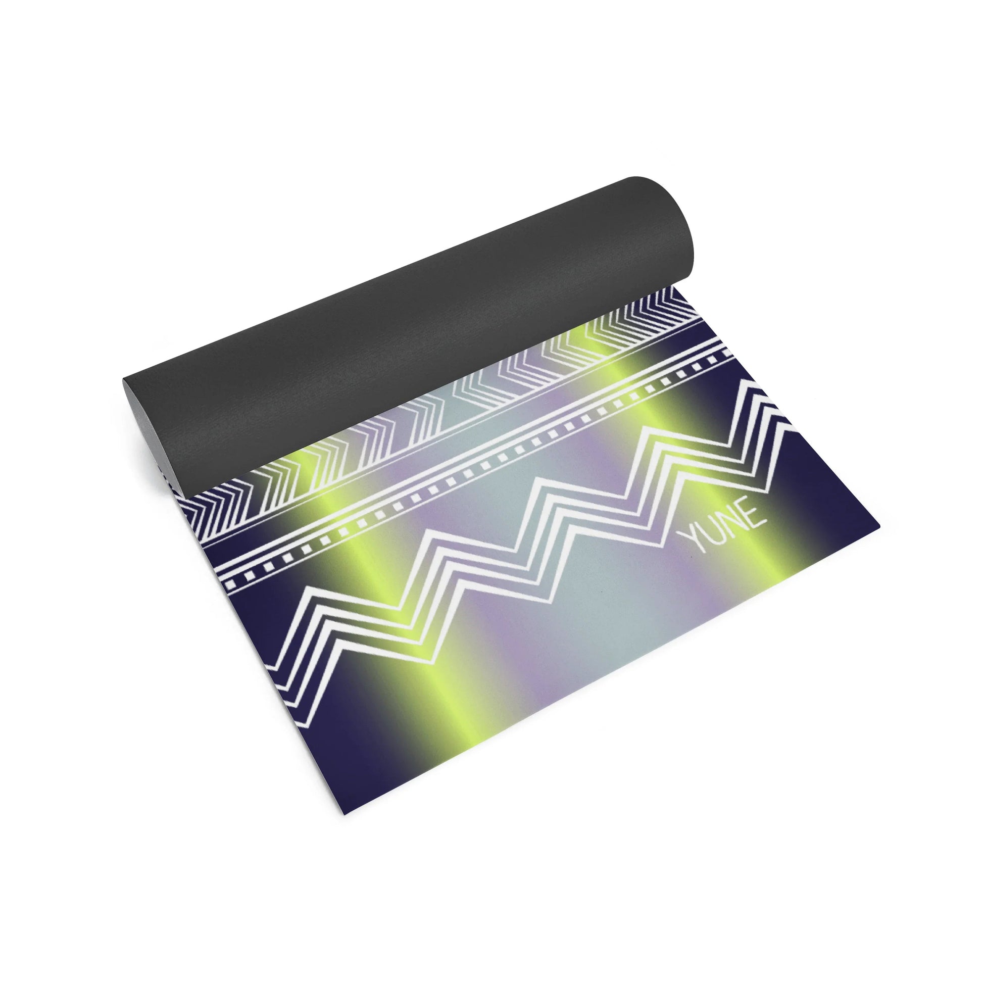 Yoga mat with geometric pattern and 'Yume' branding on a white background
